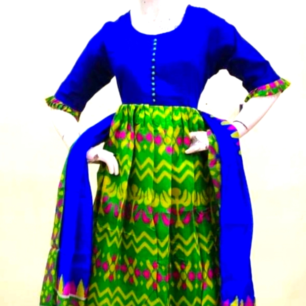 💙💚 Blue-Green Ikkat Chanderi Silk Anarkali + Dupatta